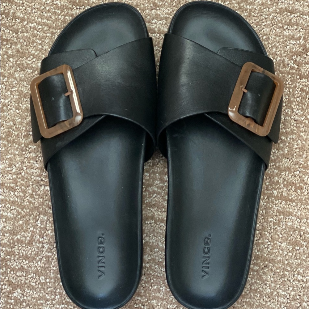 Vince Grant Slide Sandal, molded comfort footbed, wide band upper with buckle